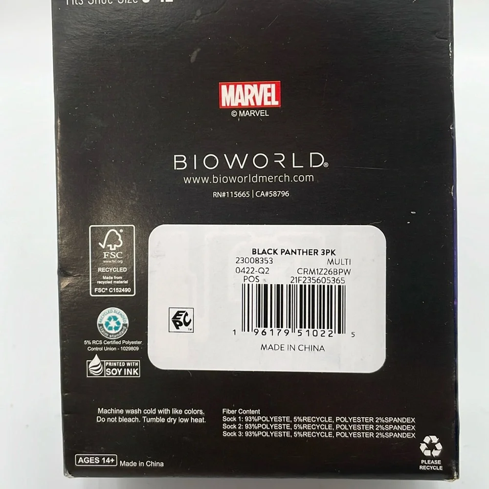 BLACK PANTHER 3 Pair Men’s‎ Crew Socks Shoe Size 8-12 - New in retail packaging